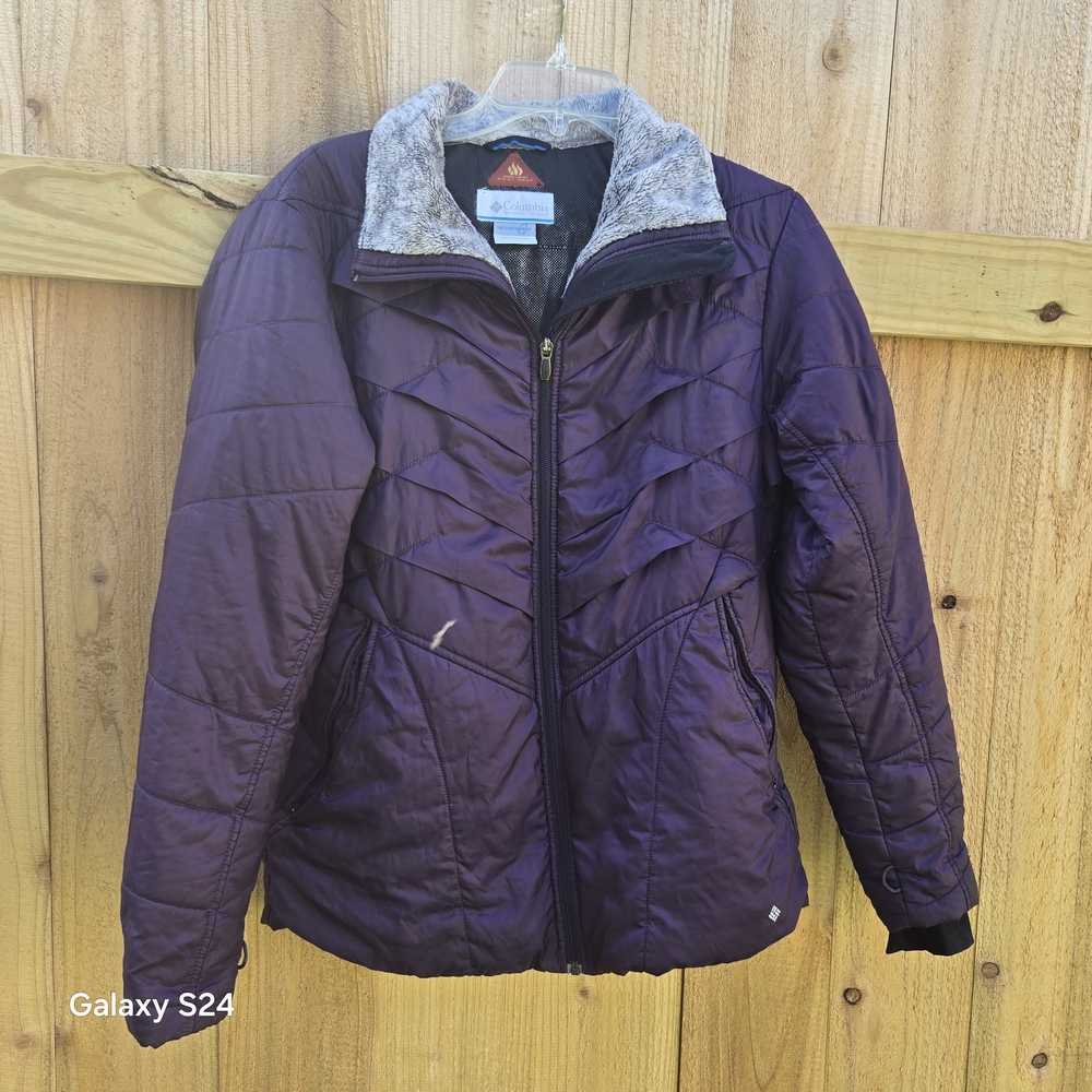 Columbia Omni-Heat Interchange Puffer Jacket Purple Faux Fur Collar Womens L